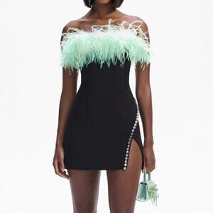 Self-Portrait Black Feather & Crystal Mini Dress NEW Size 2 Cocktail Party Prom